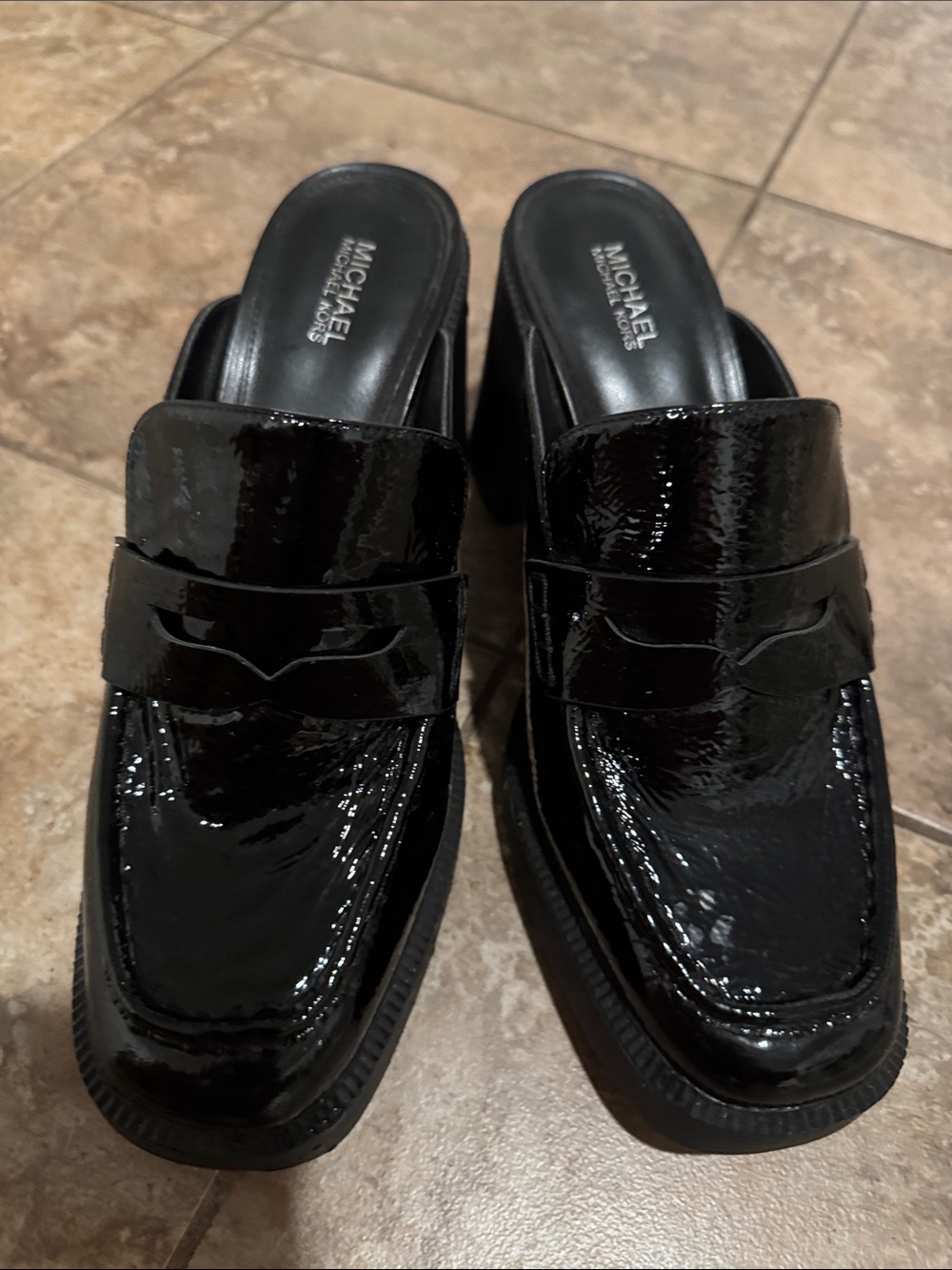 Michael Kors Black Patent Leather high heel Mules. Comes with box.